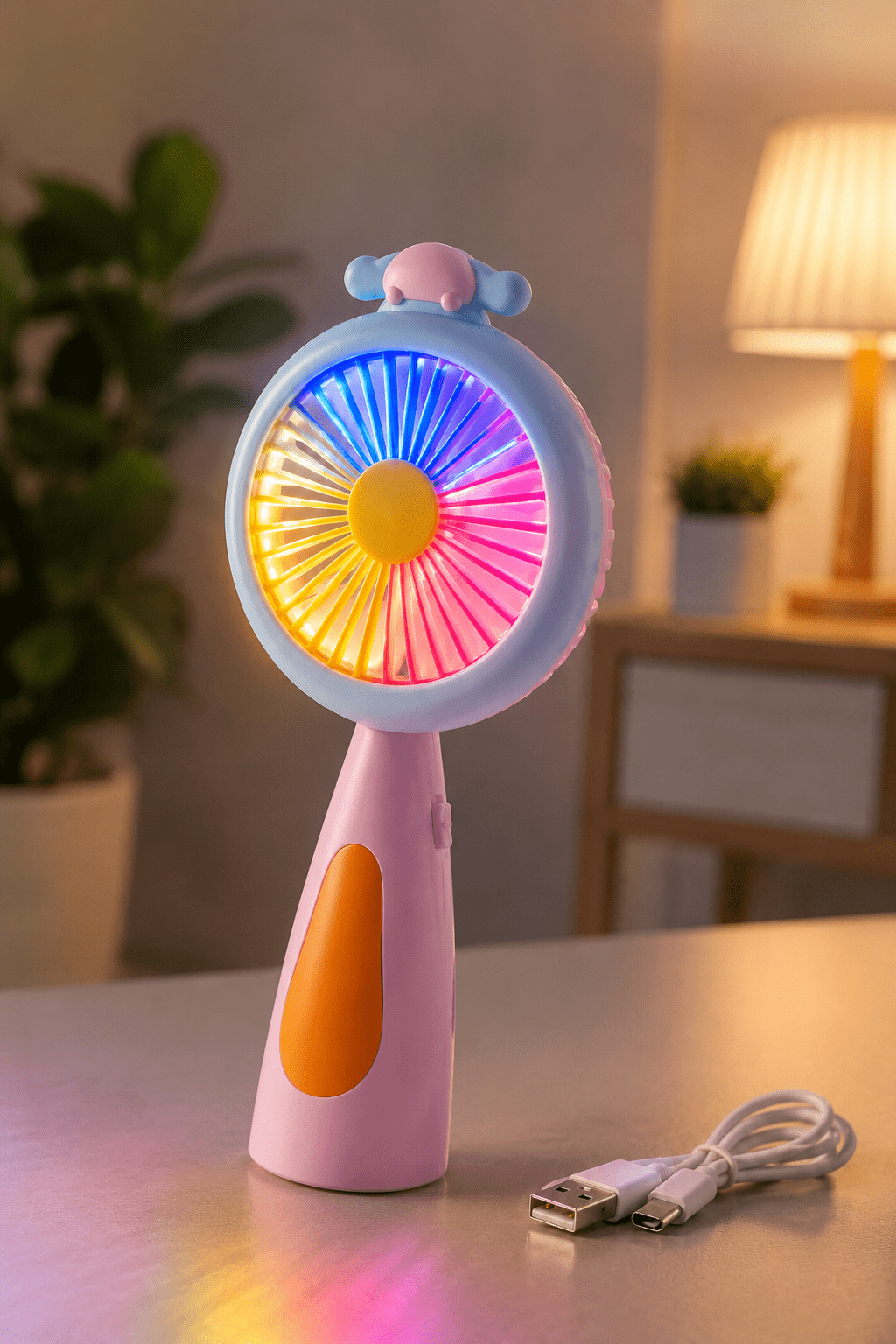 Cute Rechargeable Mini Handheld Fan with LED Light | Portable USB Cooling Fan for Kids & Adults | 3-Speed Personal Fan - Image 3