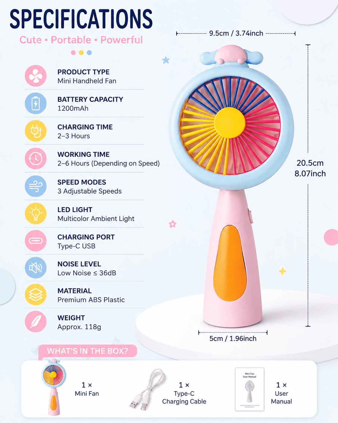 Cute Rechargeable Mini Handheld Fan with LED Light | Portable USB Cooling Fan for Kids & Adults | 3-Speed Personal Fan - Image 4